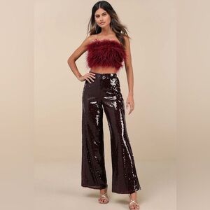 Lulus Celebrity Shine Burgundy Feather Sequin Two-Piece Large